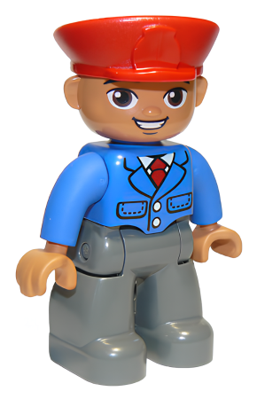 Минифигурка Lego Duplo Figure Lego Ville, Male, Dark Bluish Gray Legs, Blue Jacket with Tie, Red Hat, Smile with Teeth 47394pb165a